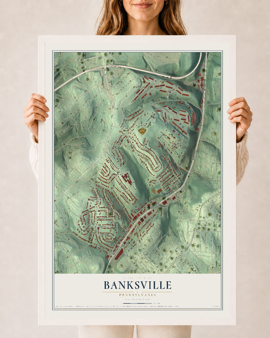 Map of Banksville, Pennsylvania, 24 x 36 inch print in a white wood frame