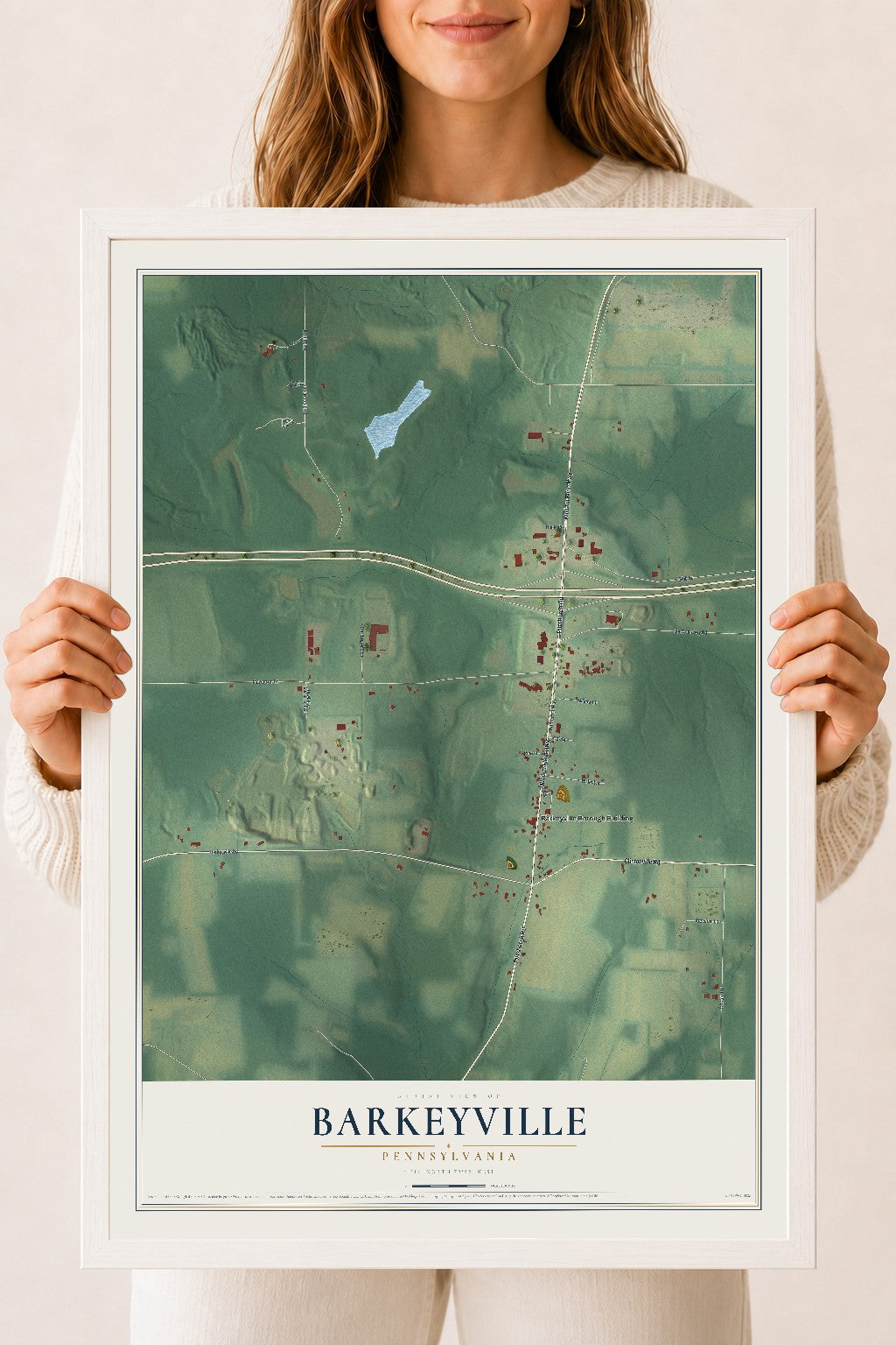 Map of Barkeyville, Pennsylvania, 18 x 24 inch print in a white wood frame