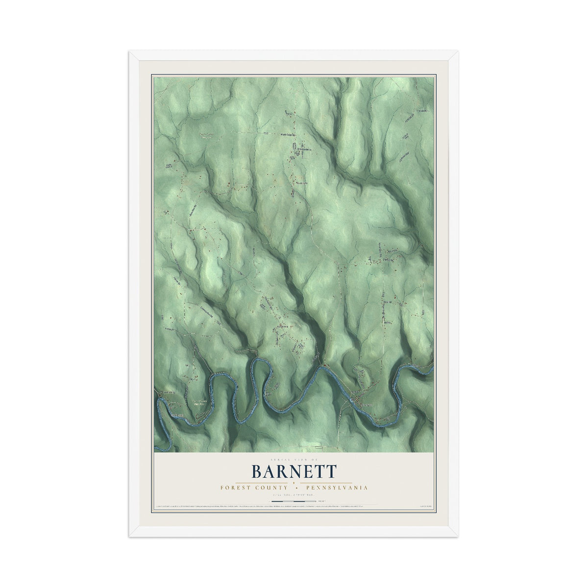 Map of Barnett, Forest County, Pennsylvania, 12 x 18 inch print in a white wood frame