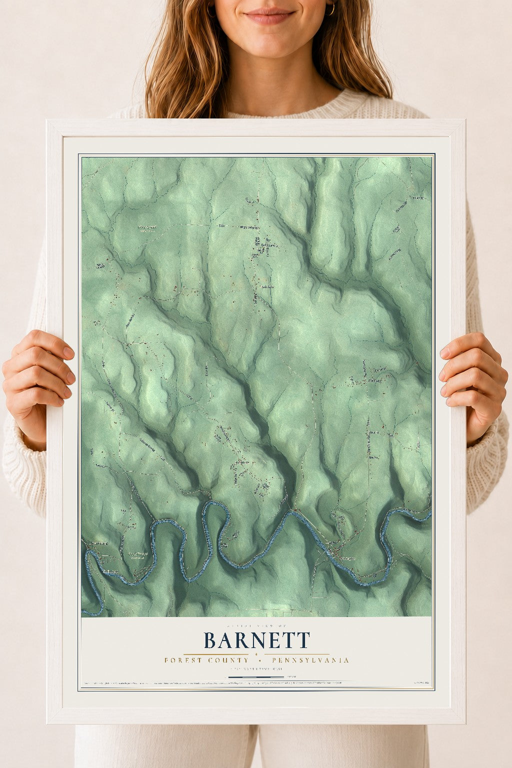 Map of Barnett, Forest County, Pennsylvania, 18 x 24 inch print in a white wood frame