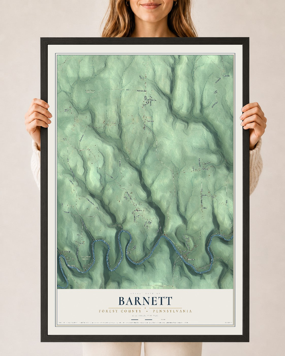 Map of Barnett, Forest County, Pennsylvania, 24 x 36 inch print in a black wood frame