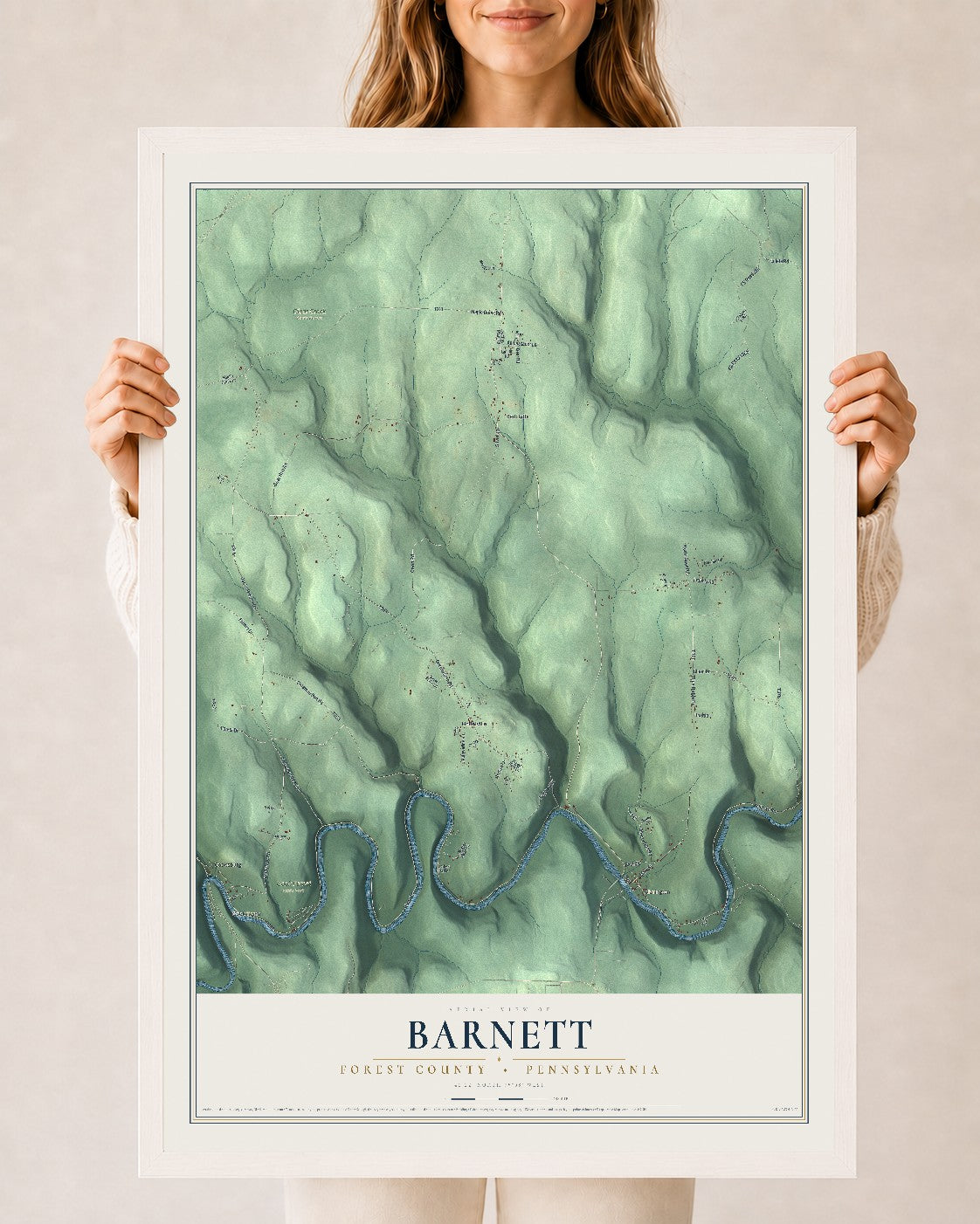 Map of Barnett, Forest County, Pennsylvania, 24 x 36 inch print in a white wood frame