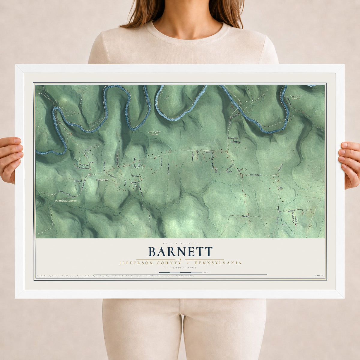 Map of Barnett, Jefferson County, Pennsylvania, 18 x 24 inch print in a white wood frame
