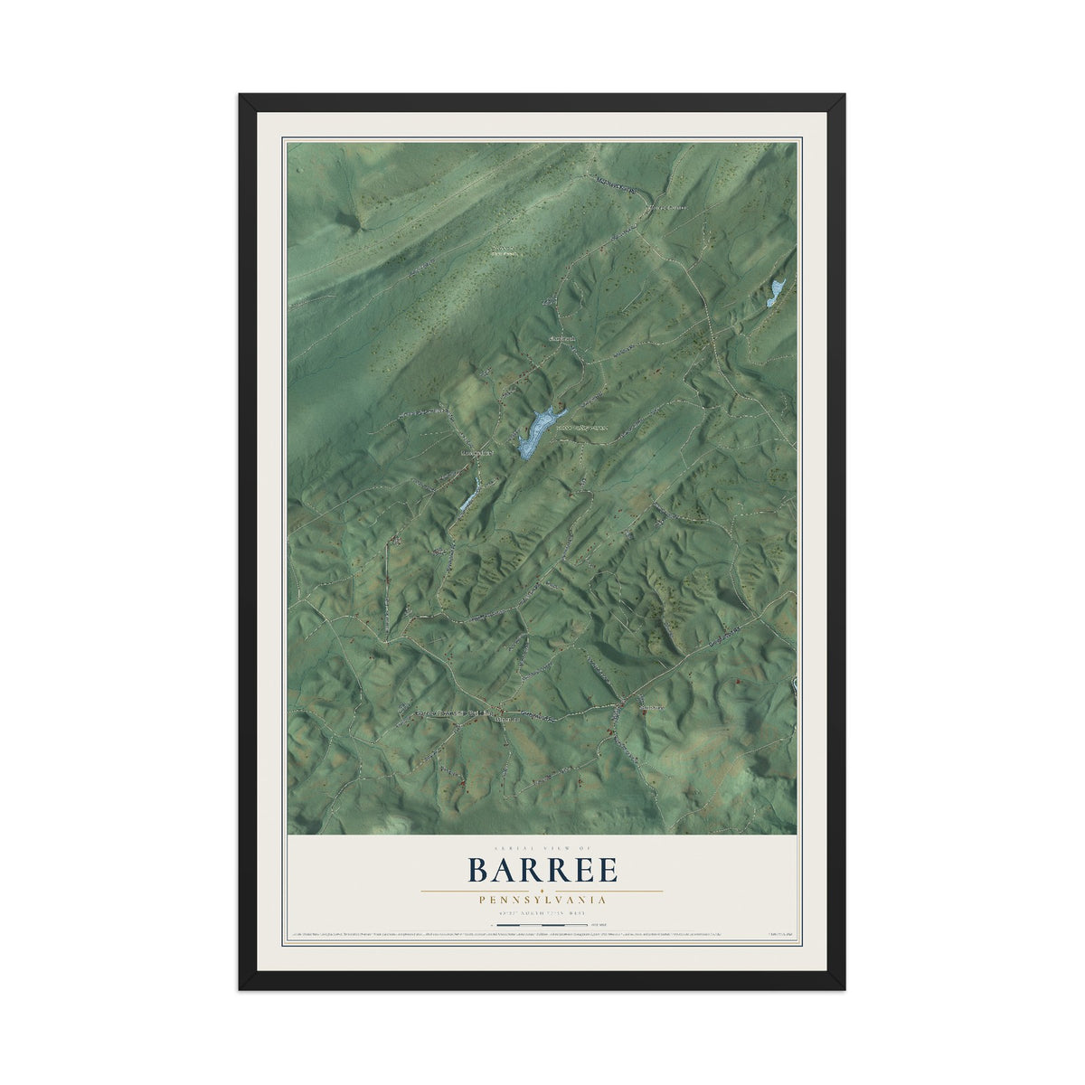 Map of Barree, Pennsylvania, 12 x 18 inch print in a black wood frame