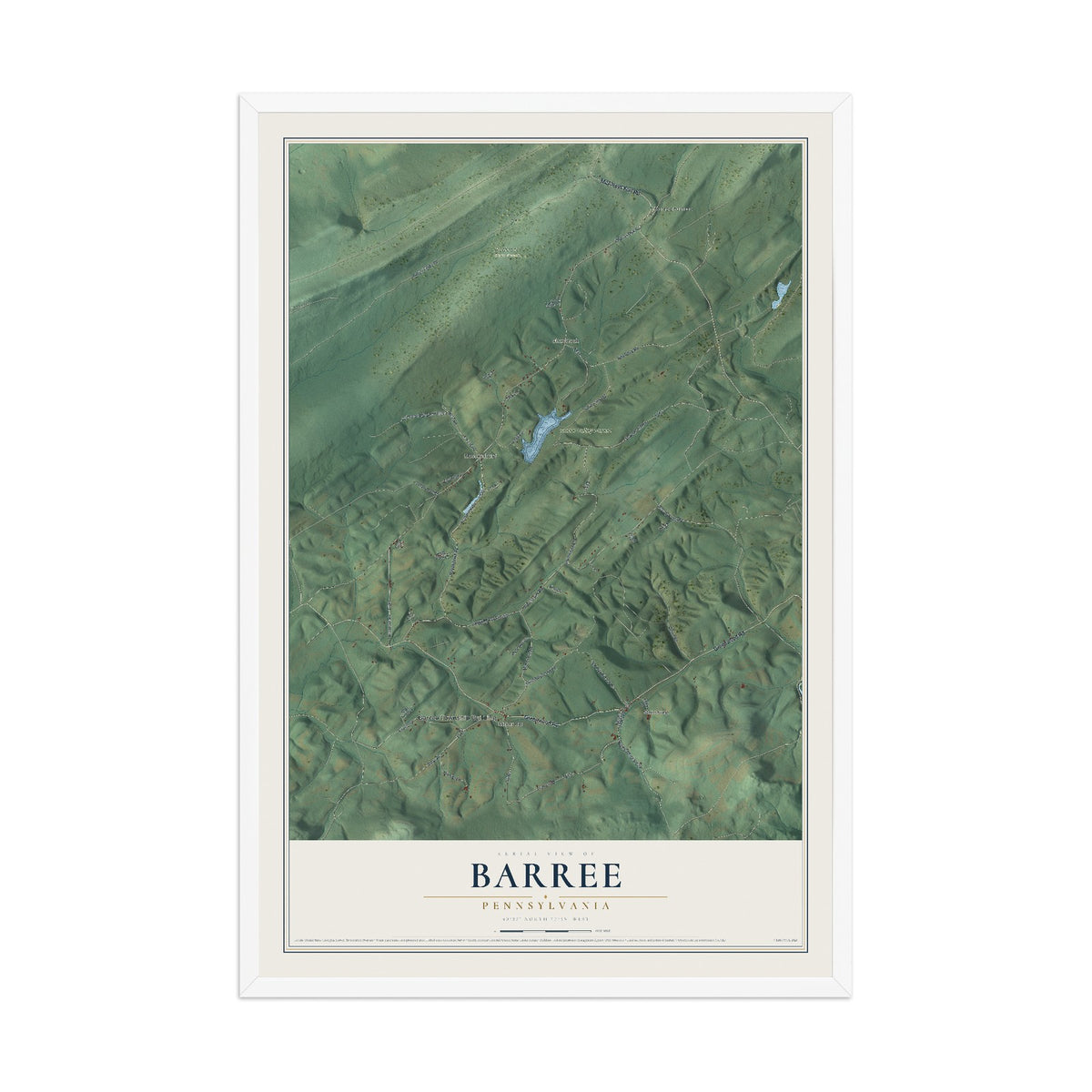 Map of Barree, Pennsylvania, 12 x 18 inch print in a white wood frame