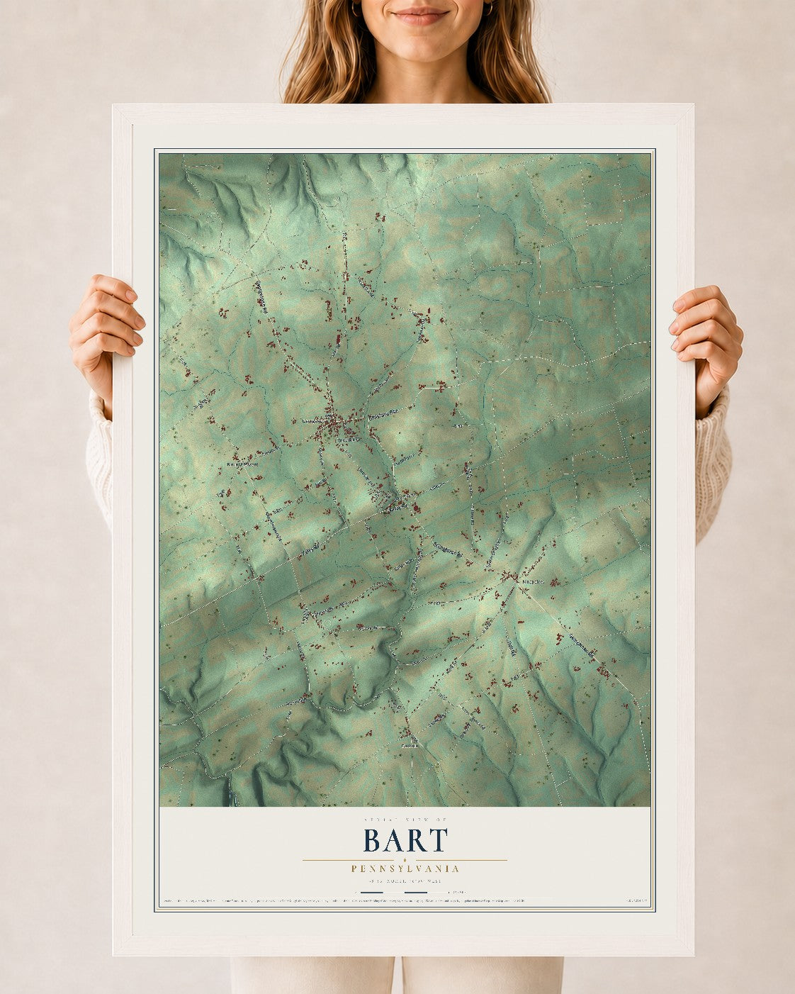 Map of Bart, Pennsylvania, 24 x 36 inch print in a white wood frame