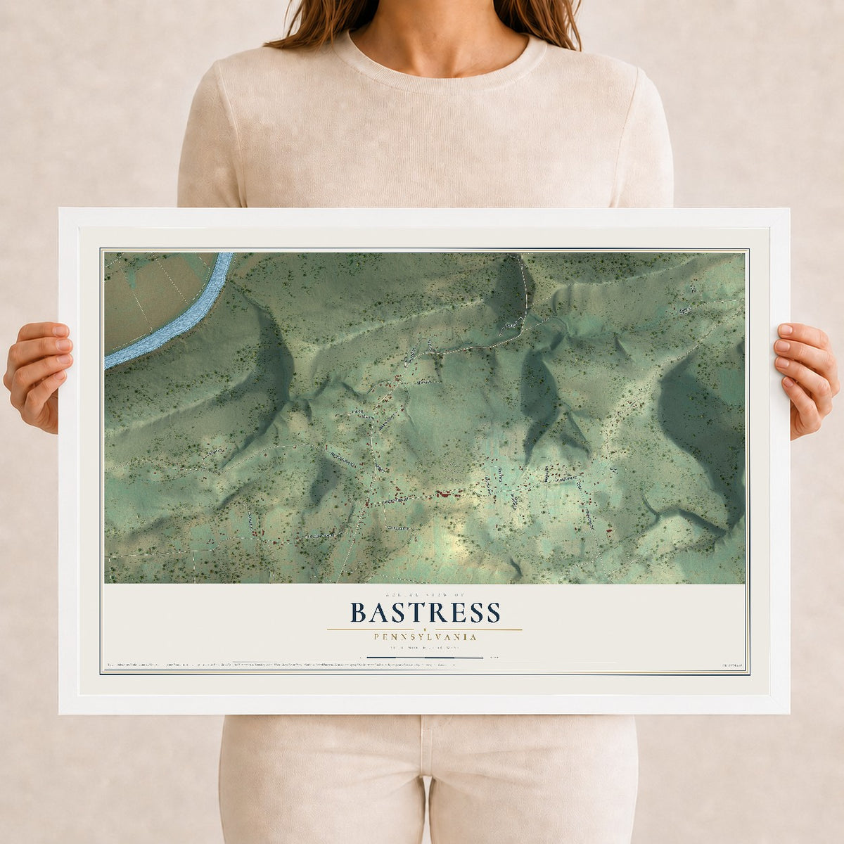 Map of Bastress, Pennsylvania, 12 x 18 inch print in a white wood frame
