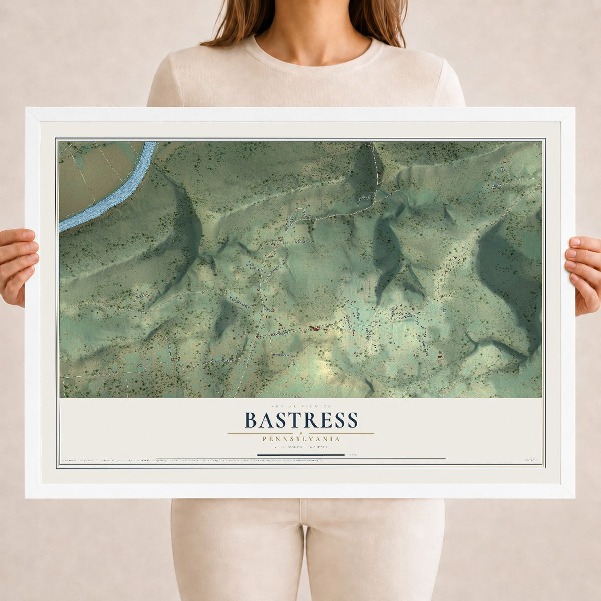 Map of Bastress, Pennsylvania, 18 x 24 inch print in a white wood frame