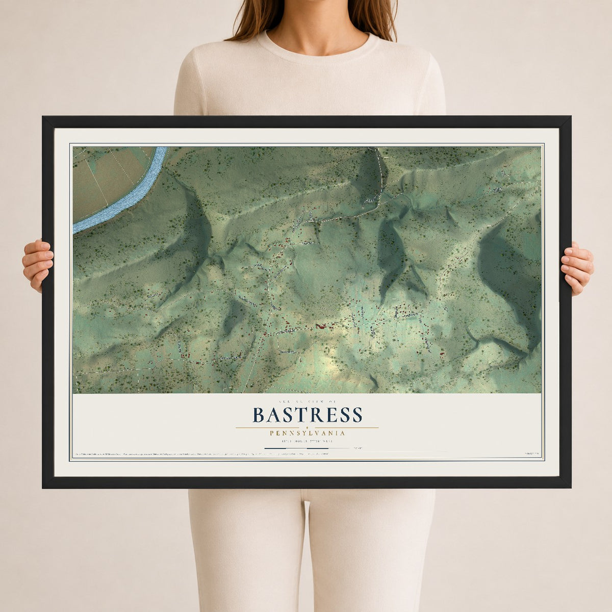 Map of Bastress, Pennsylvania, 24 x 36 inch print in a black wood frame
