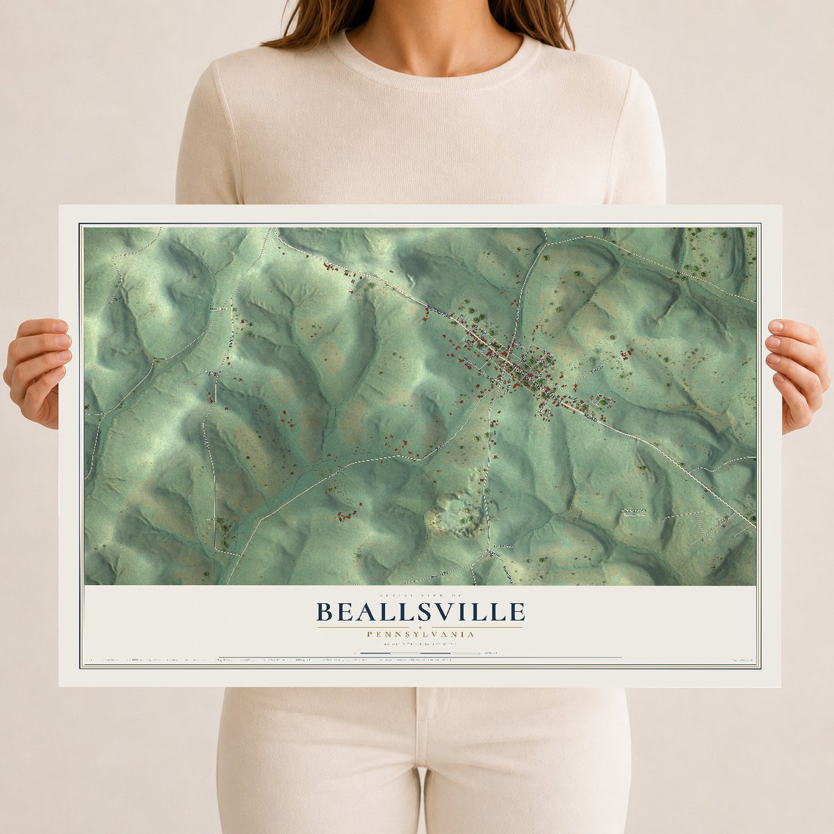 Map of Beallsville, Pennsylvania, 12 x 18 inch unframed archival matte print