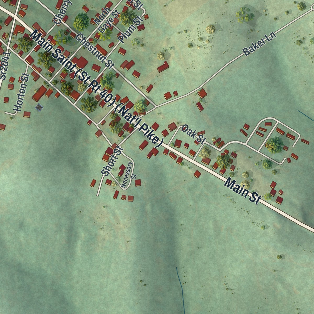 Close-up of the map of Beallsville, Pennsylvania print showing street and building detail