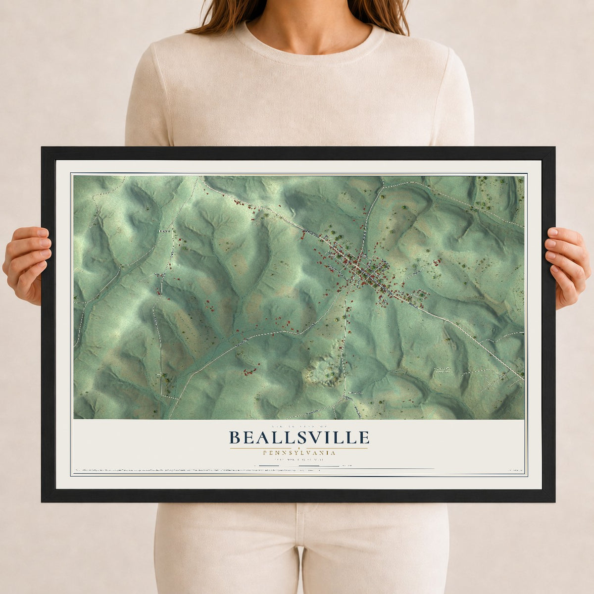 Map of Beallsville, Pennsylvania, 12 x 18 inch print in a black wood frame