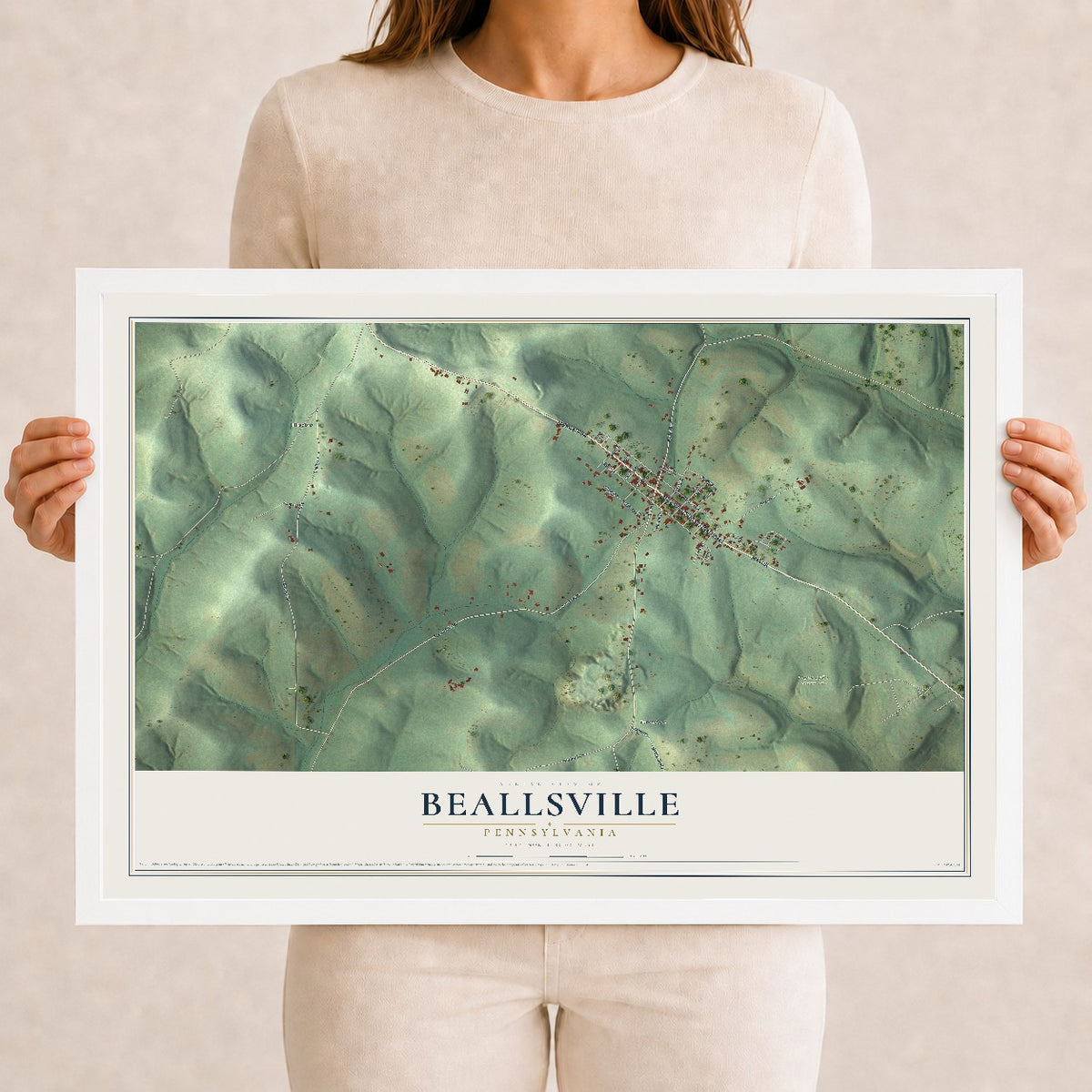 Map of Beallsville, Pennsylvania, 12 x 18 inch print in a white wood frame