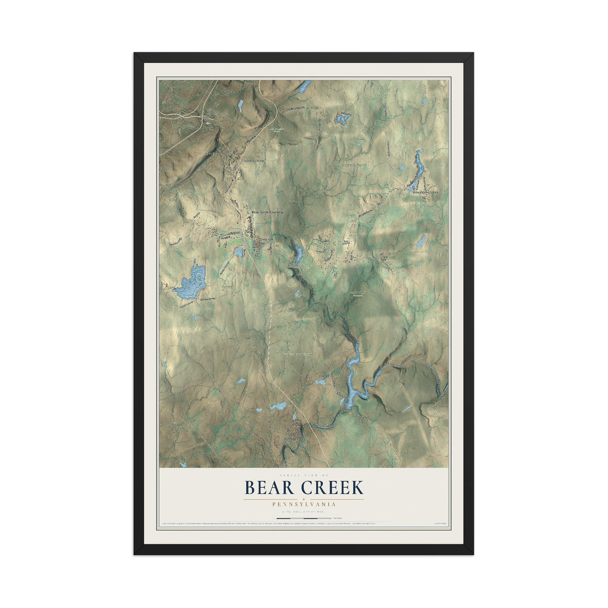 Map of Bear Creek, Pennsylvania, 12 x 18 inch print in a black wood frame