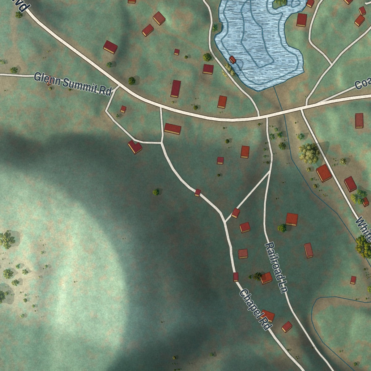 Second close-up of the map of Bear Creek Village, Pennsylvania print showing more streets and buildings