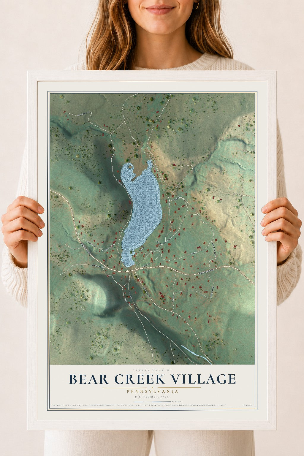Map of Bear Creek Village, Pennsylvania, 18 x 24 inch print in a white wood frame