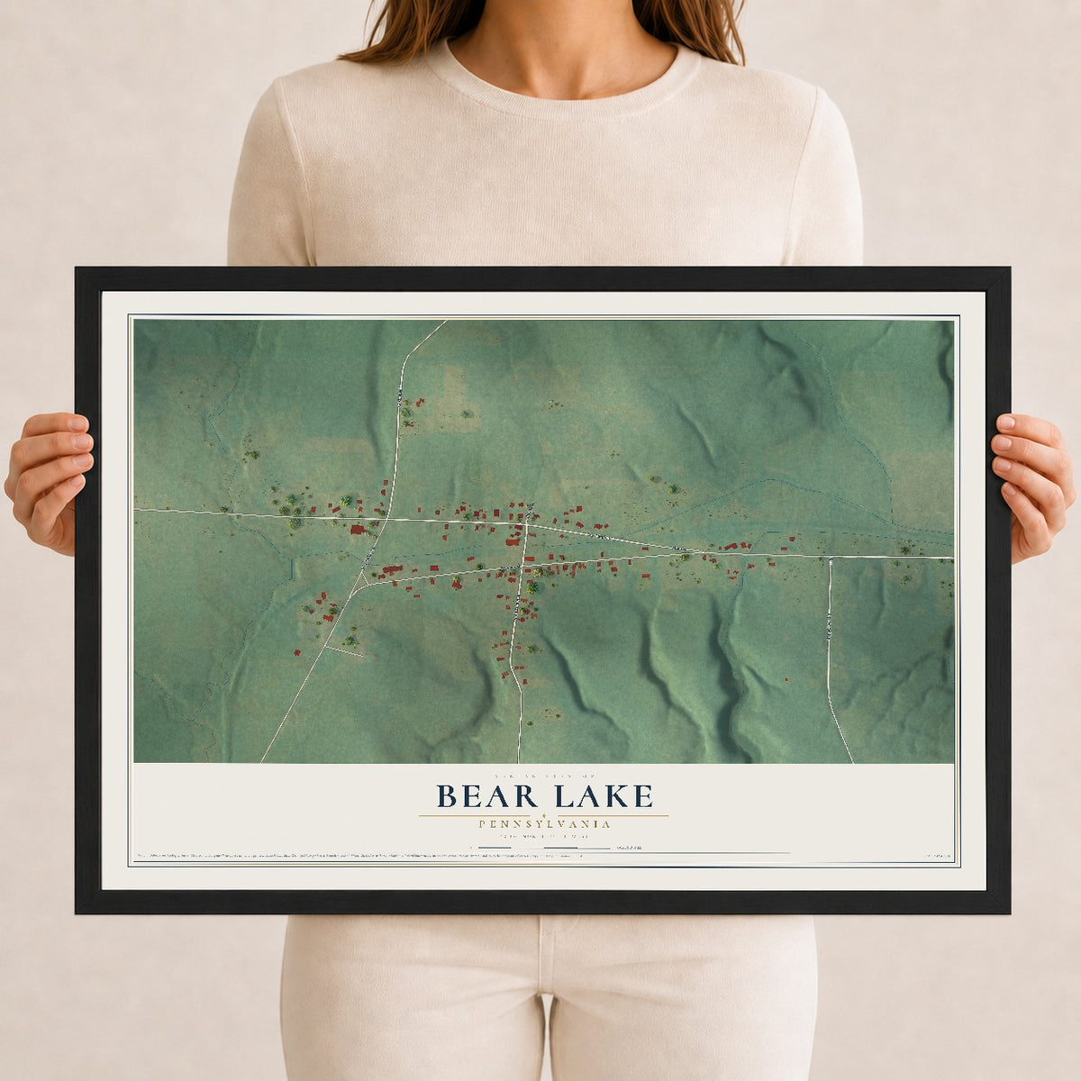 Map of Bear Lake, Pennsylvania, 12 x 18 inch print in a black wood frame