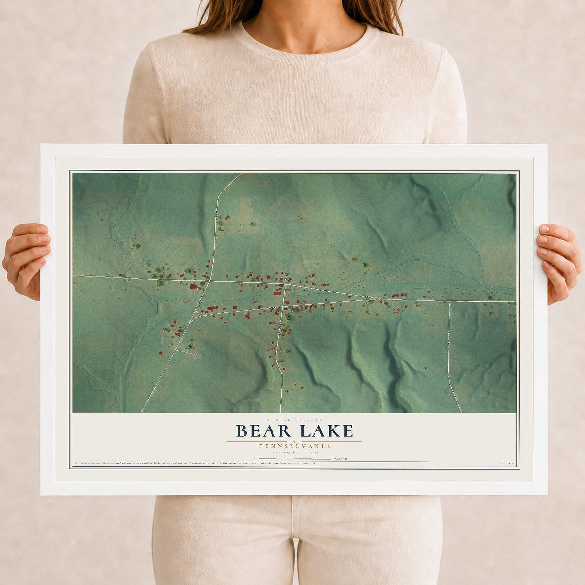 Map of Bear Lake, Pennsylvania, 12 x 18 inch print in a white wood frame