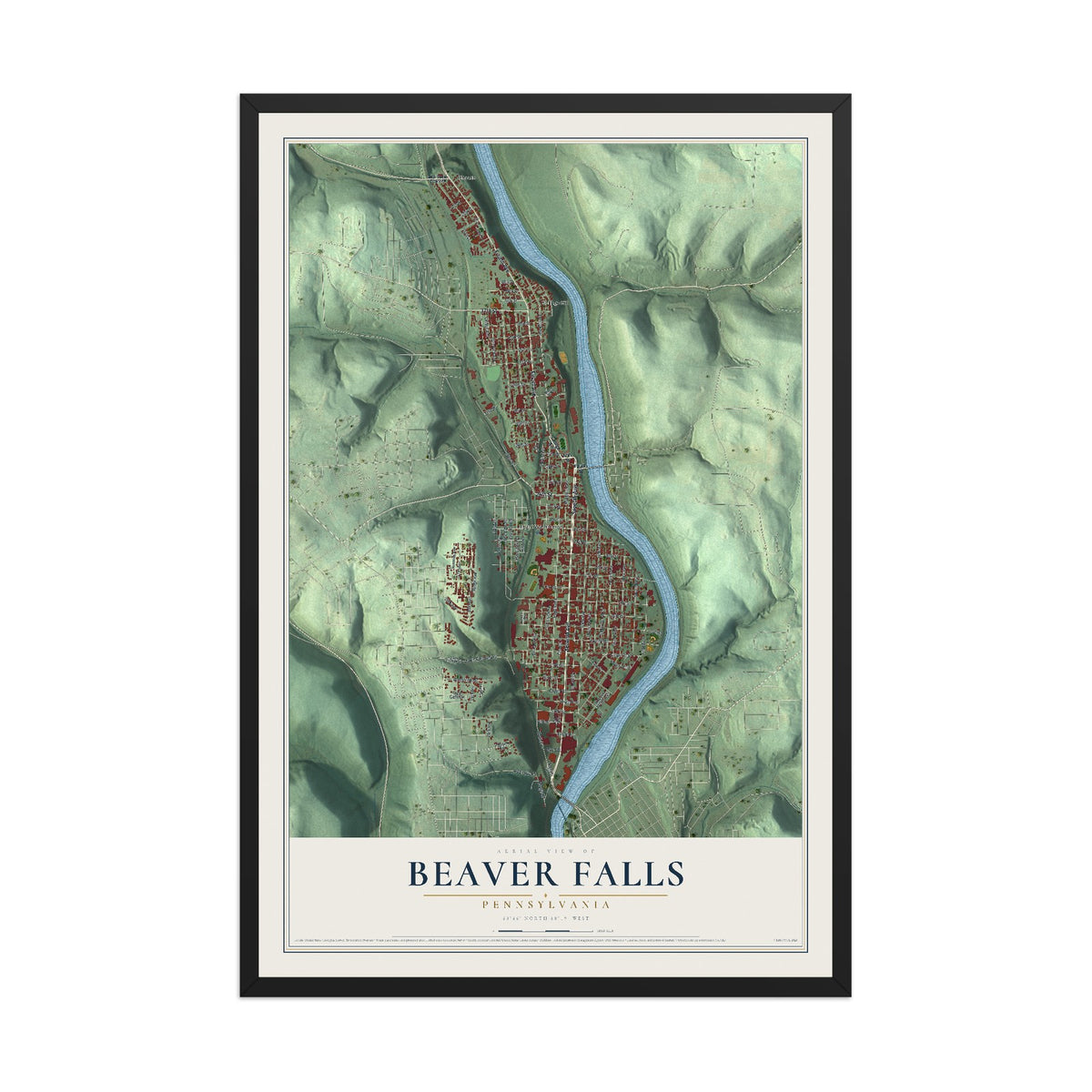 Map of Beaver Falls, Pennsylvania, 12 x 18 inch print in a black wood frame