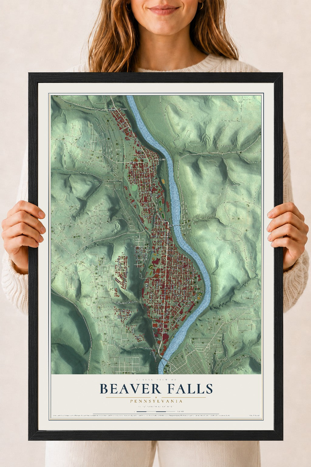 Map of Beaver Falls, Pennsylvania, 18 x 24 inch print in a black wood frame