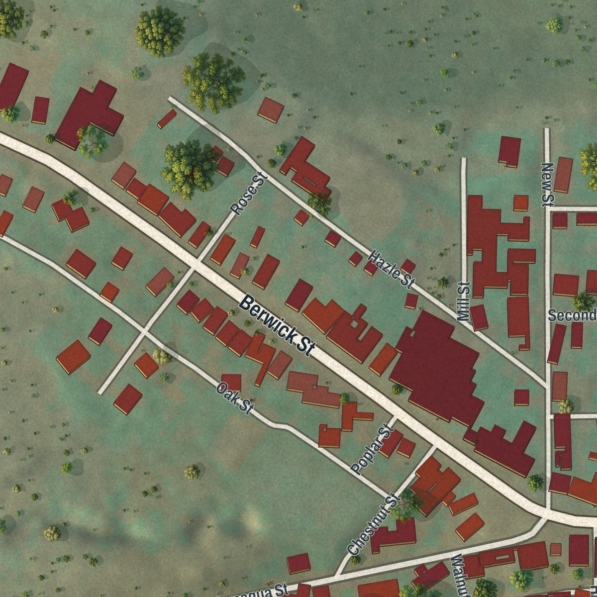 Second close-up of the map of Beaver Meadows, Pennsylvania print showing more streets and buildings