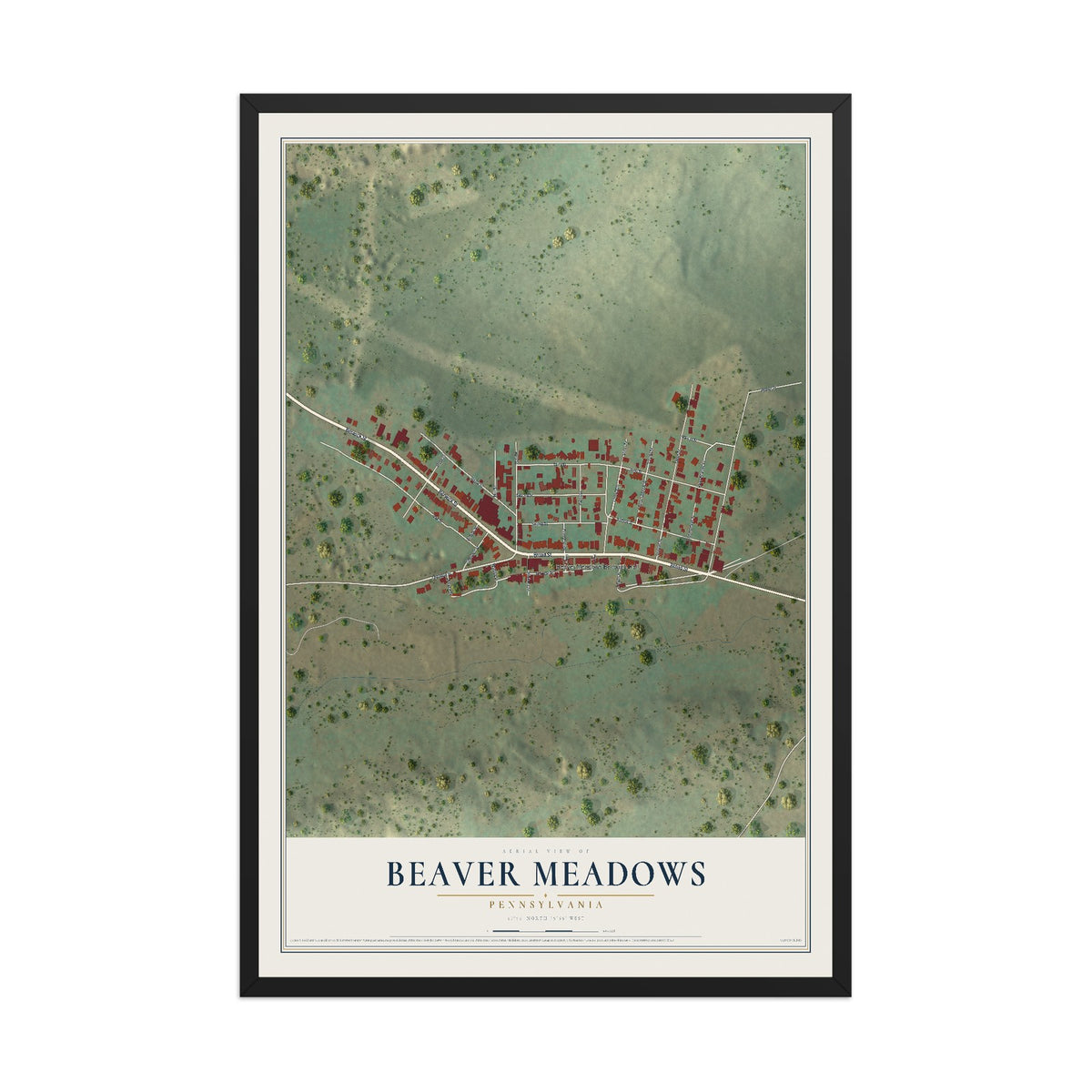 Map of Beaver Meadows, Pennsylvania, 12 x 18 inch print in a black wood frame