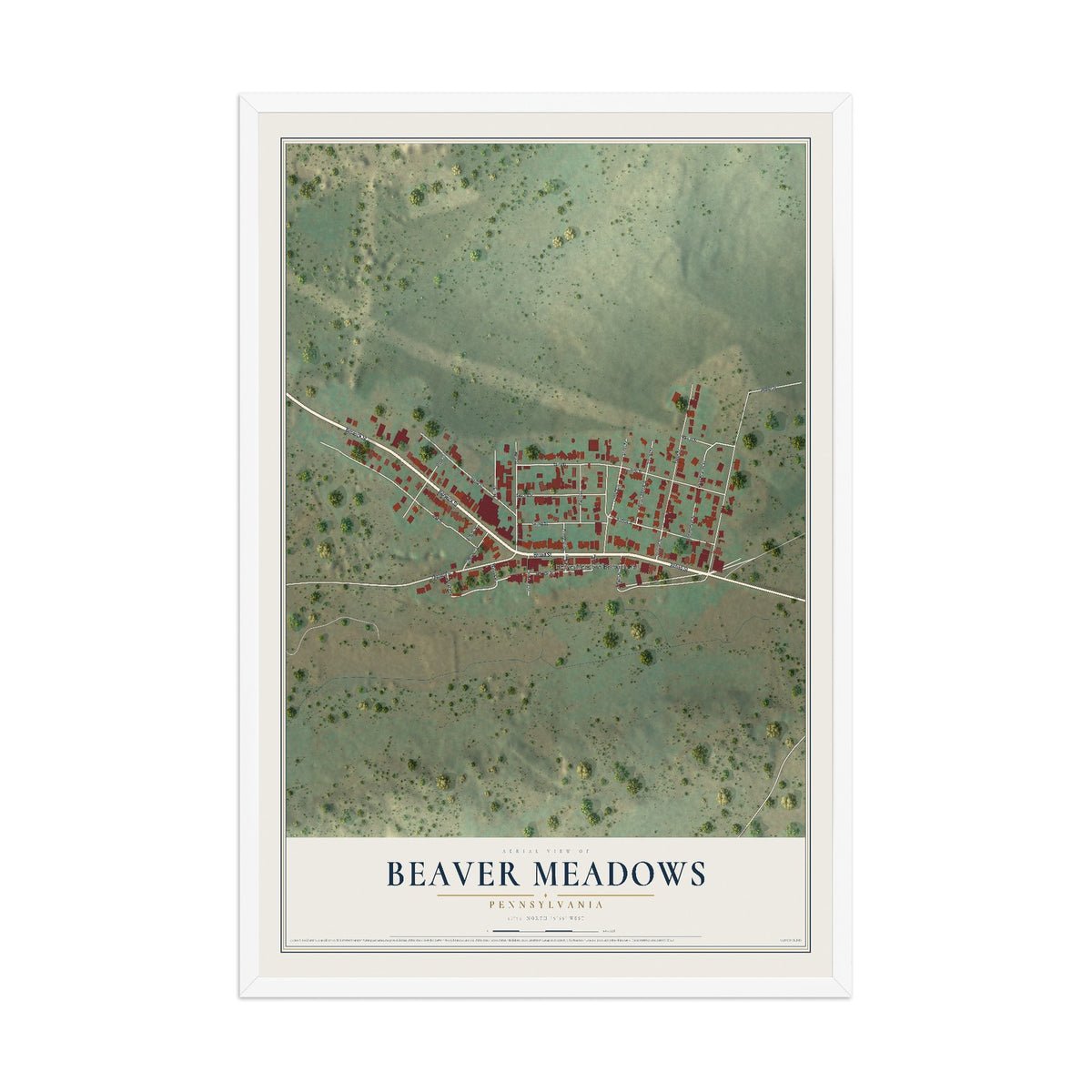 Map of Beaver Meadows, Pennsylvania, 12 x 18 inch print in a white wood frame