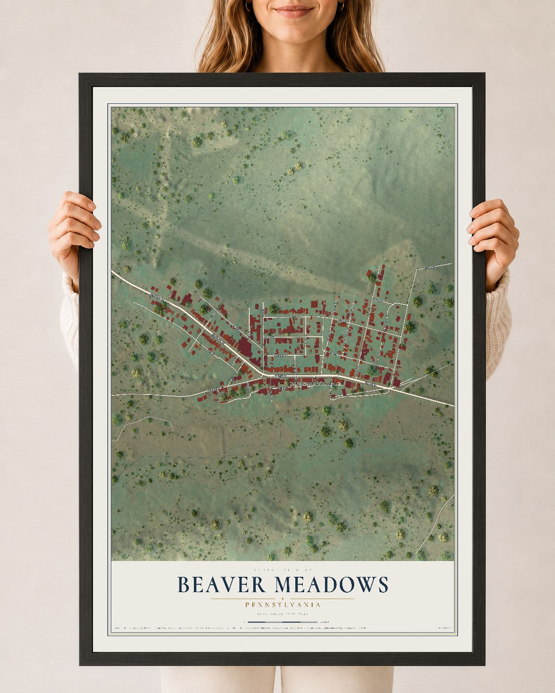 Map of Beaver Meadows, Pennsylvania, 24 x 36 inch print in a black wood frame