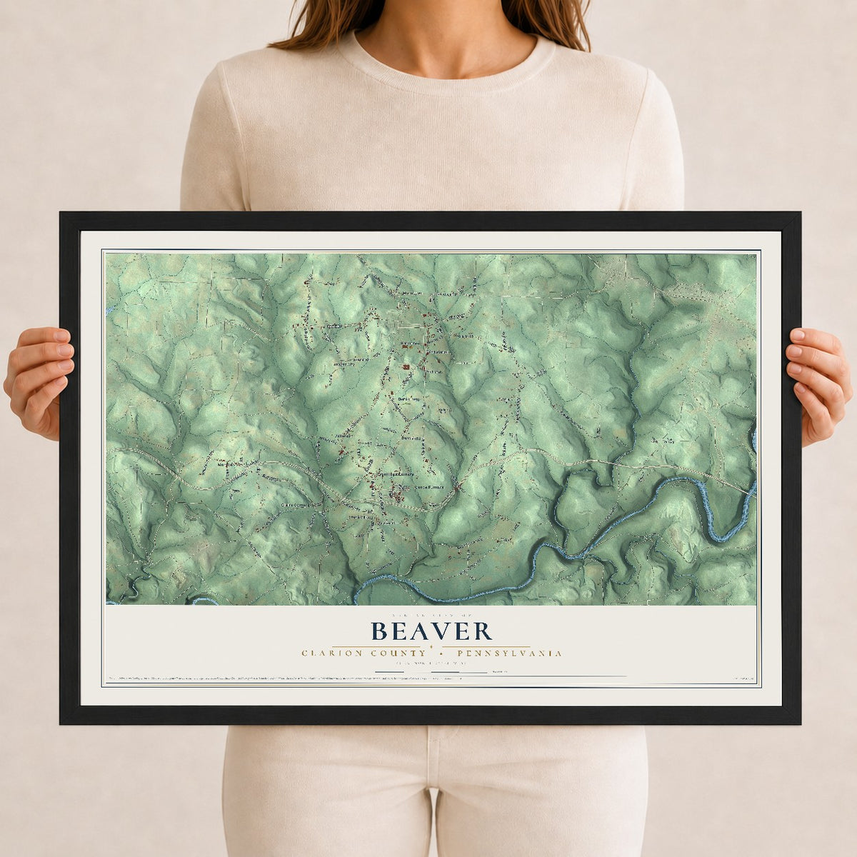 Map of Beaver, Clarion County, Pennsylvania, 12 x 18 inch print in a black wood frame