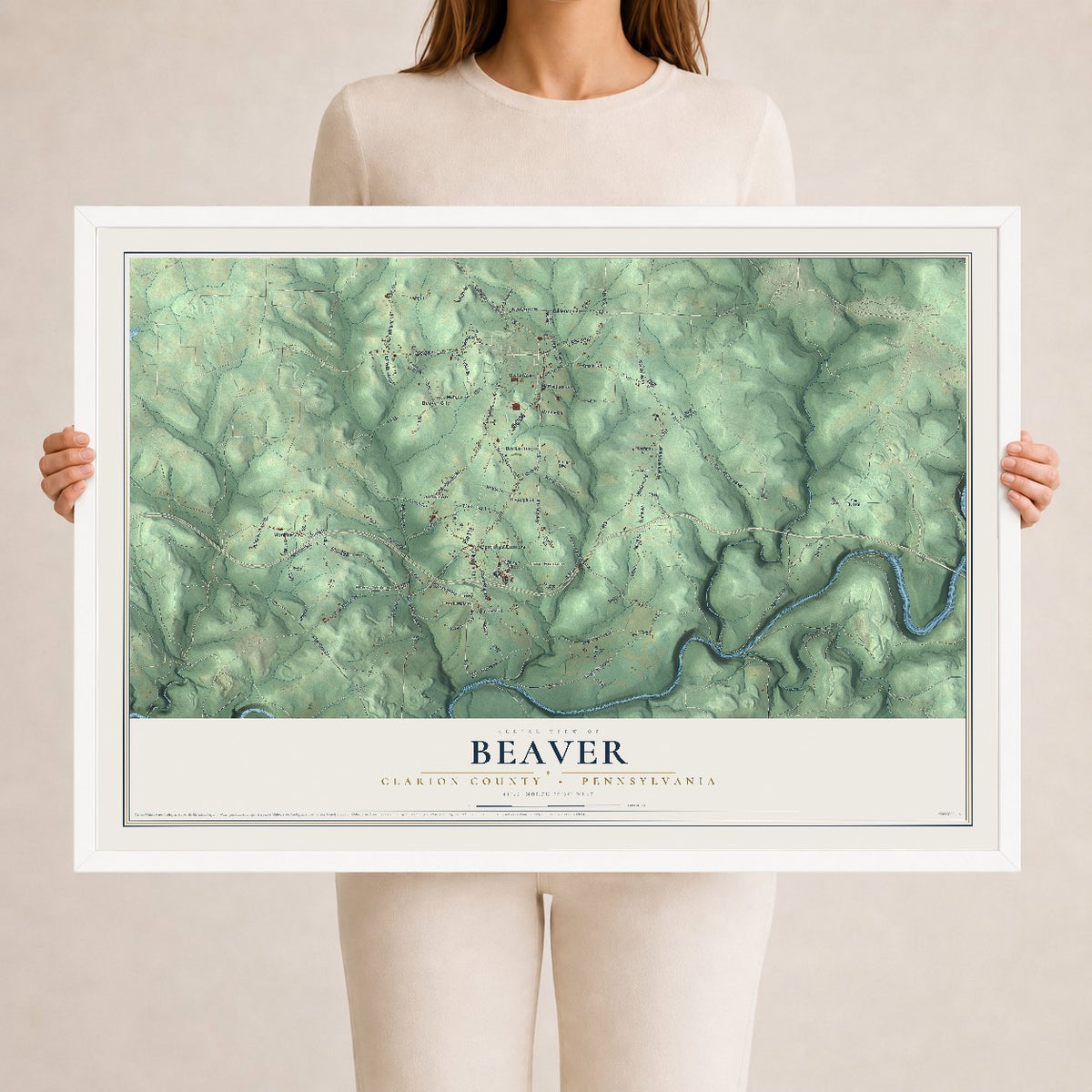 Map of Beaver, Clarion County, Pennsylvania, 24 x 36 inch print in a white wood frame