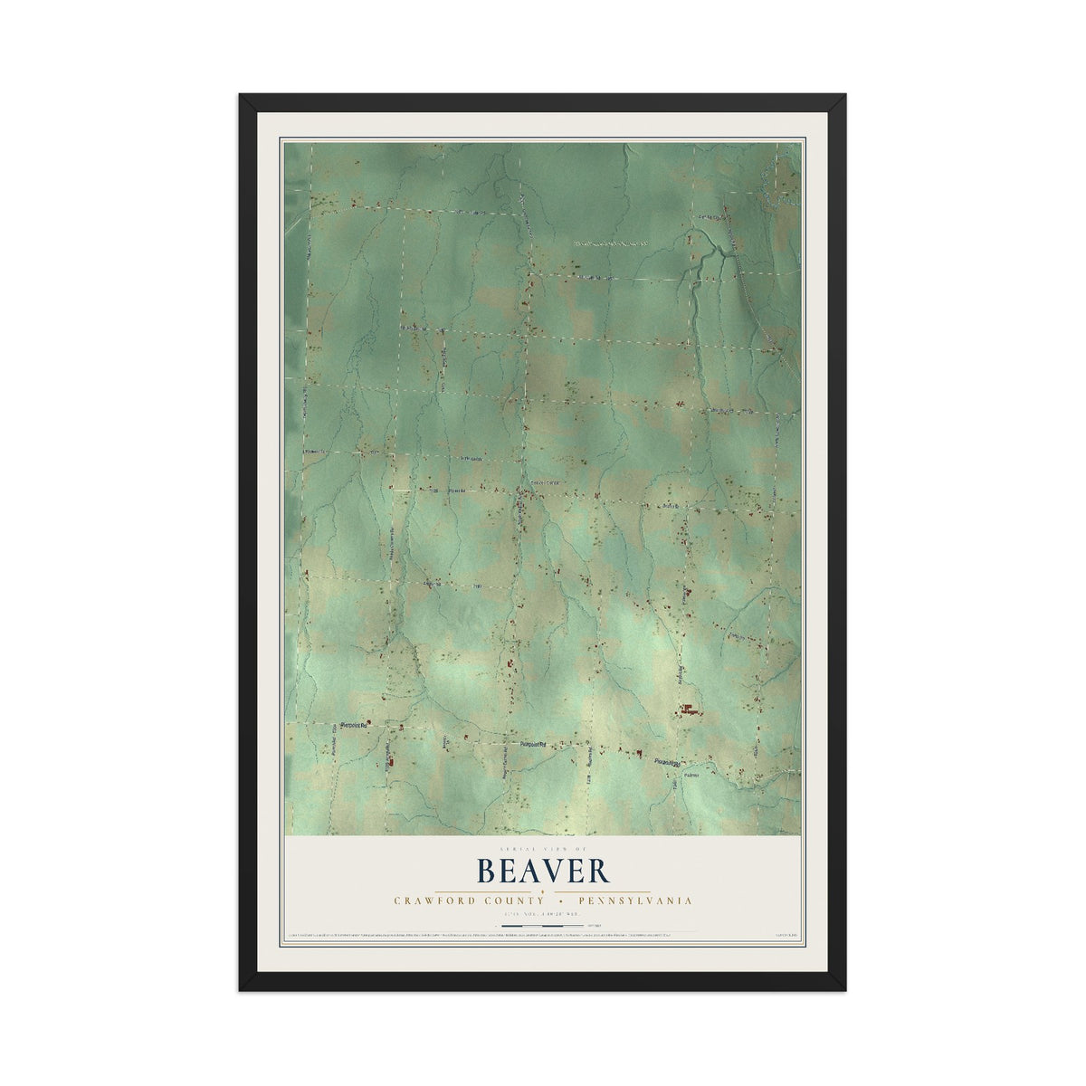 Map of Beaver, Crawford County, Pennsylvania, 12 x 18 inch print in a black wood frame