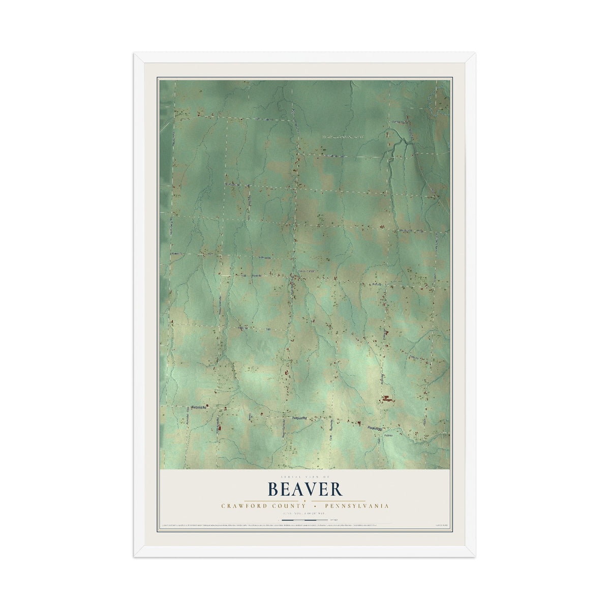 Map of Beaver, Crawford County, Pennsylvania, 12 x 18 inch print in a white wood frame