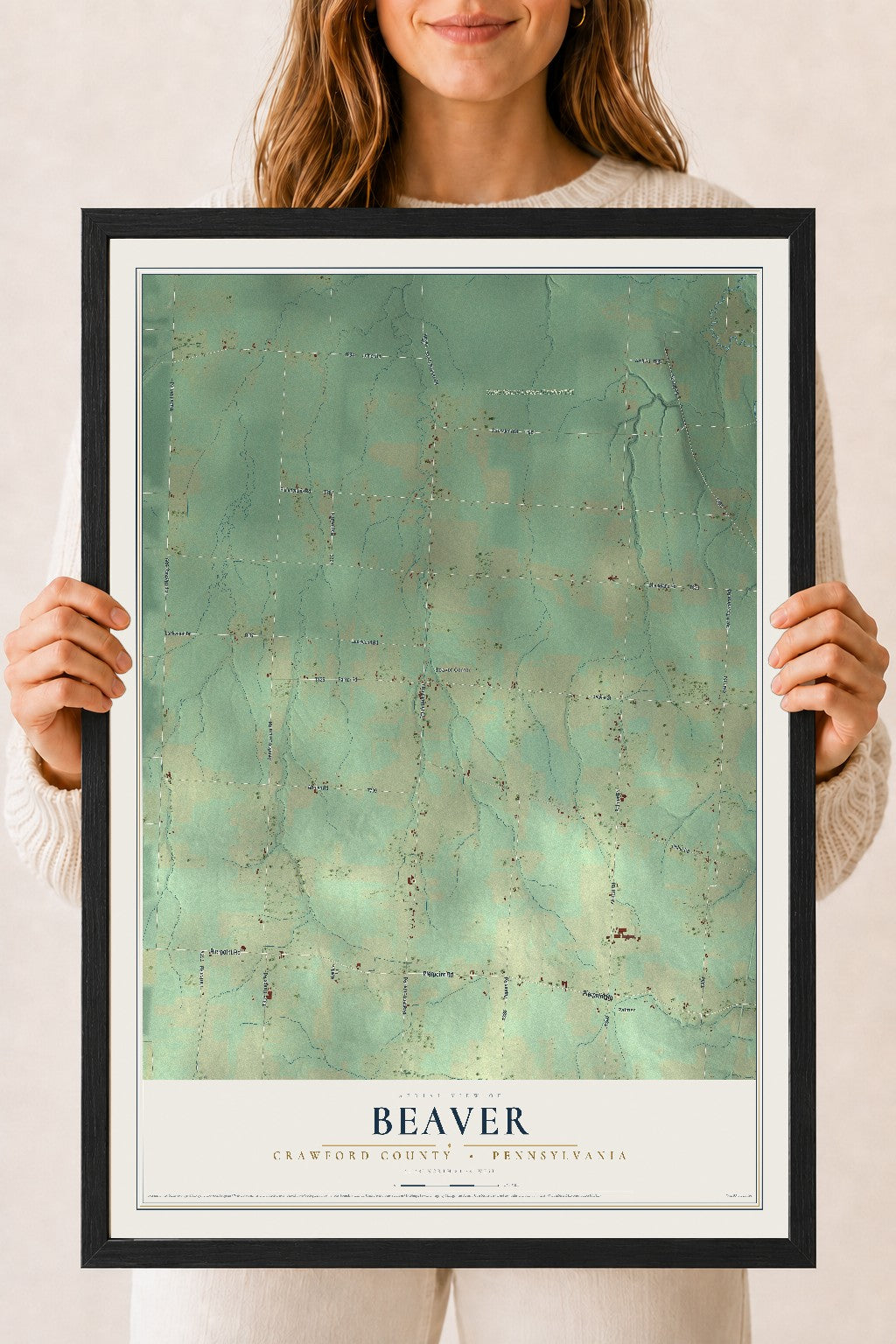 Map of Beaver, Crawford County, Pennsylvania, 18 x 24 inch print in a black wood frame
