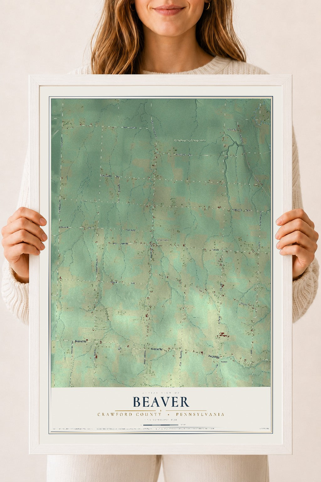 Map of Beaver, Crawford County, Pennsylvania, 18 x 24 inch print in a white wood frame