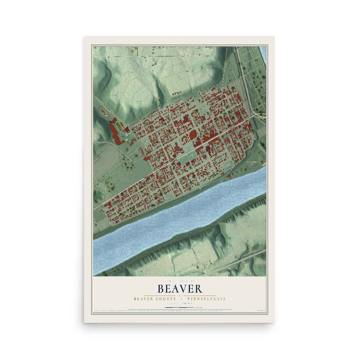 Map of Beaver, Beaver County, Pennsylvania, 12 x 18 inch unframed archival matte print