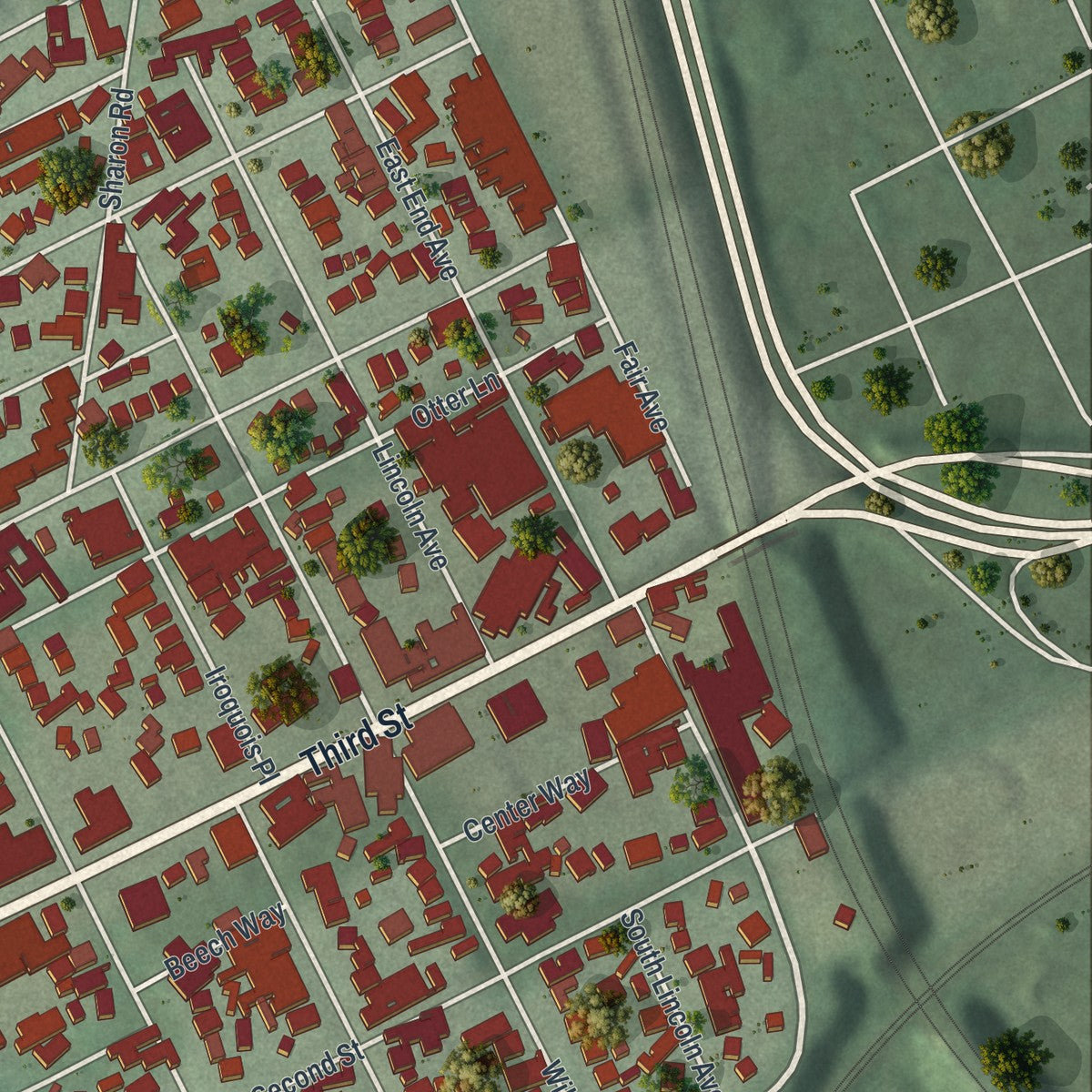 Second close-up of the map of Beaver, Beaver County, Pennsylvania print showing more streets and buildings