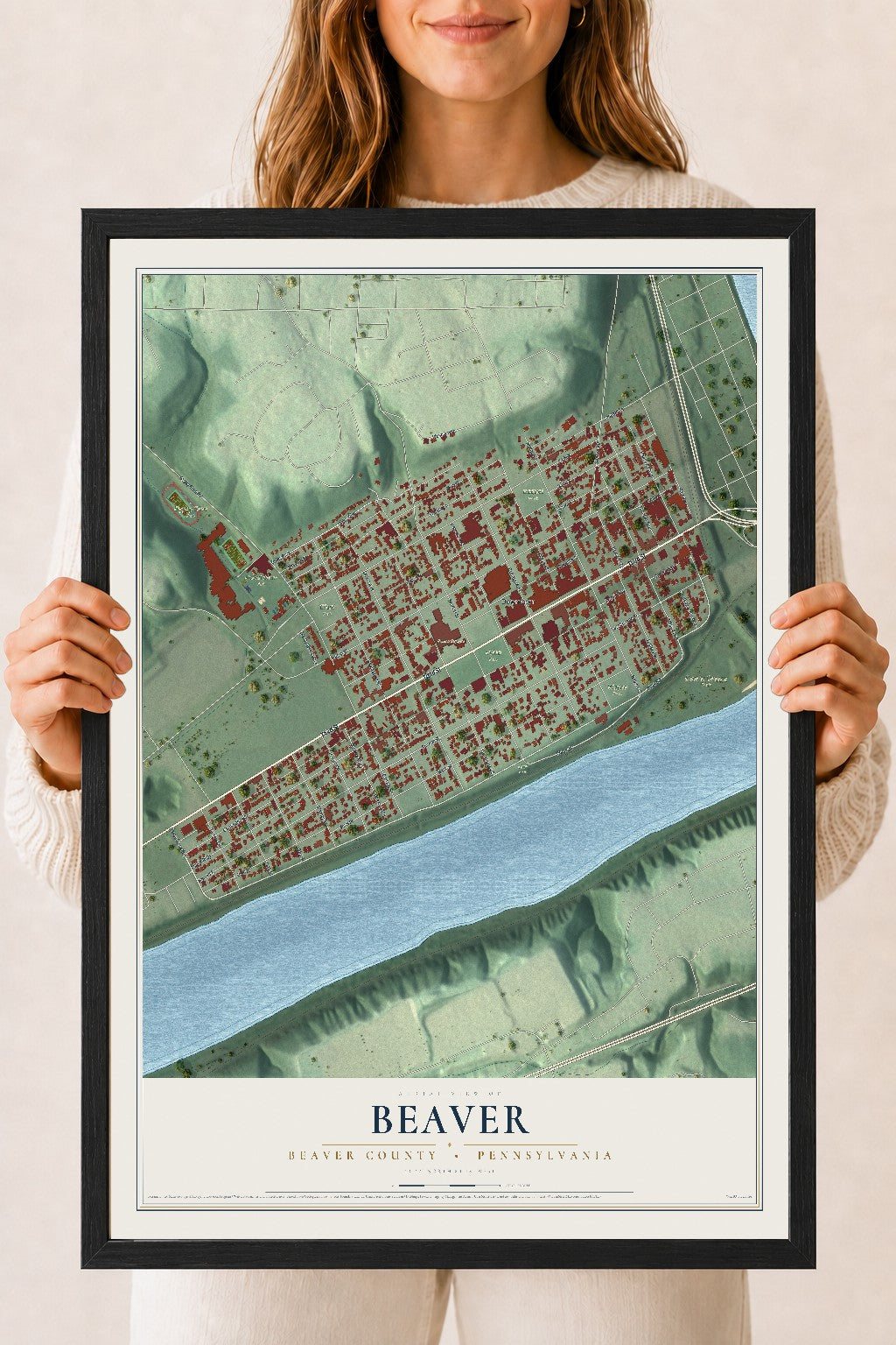 Map of Beaver, Beaver County, Pennsylvania, 18 x 24 inch print in a black wood frame