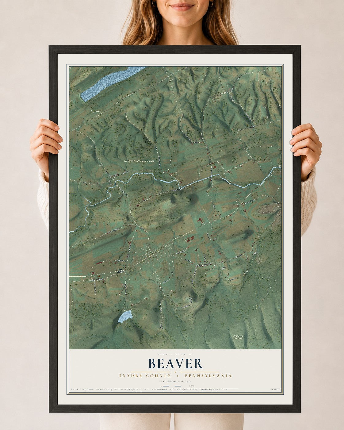 Map of Beaver, Snyder County, Pennsylvania, 24 x 36 inch print in a black wood frame