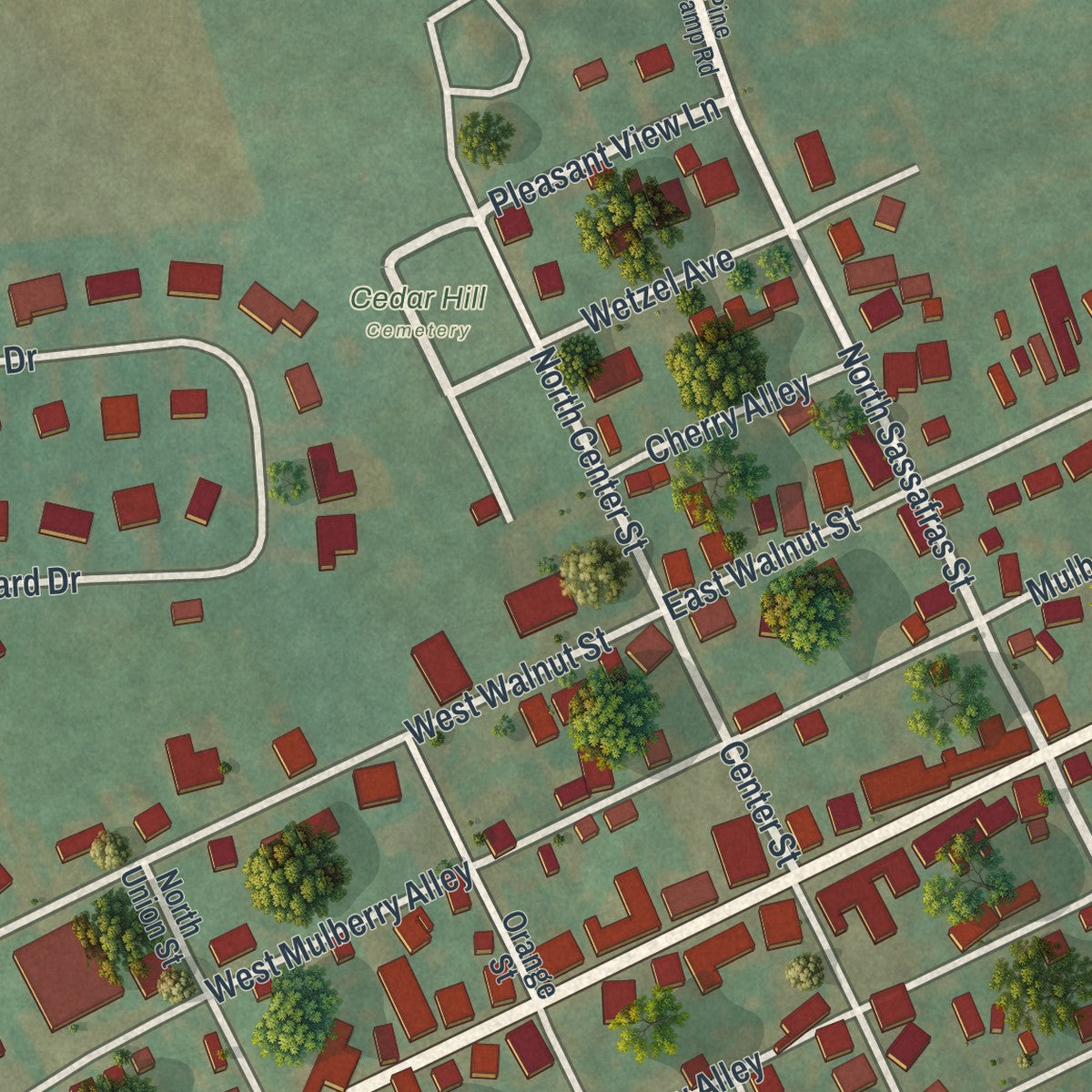 Close-up of the map of Beavertown, Pennsylvania print showing street and building detail