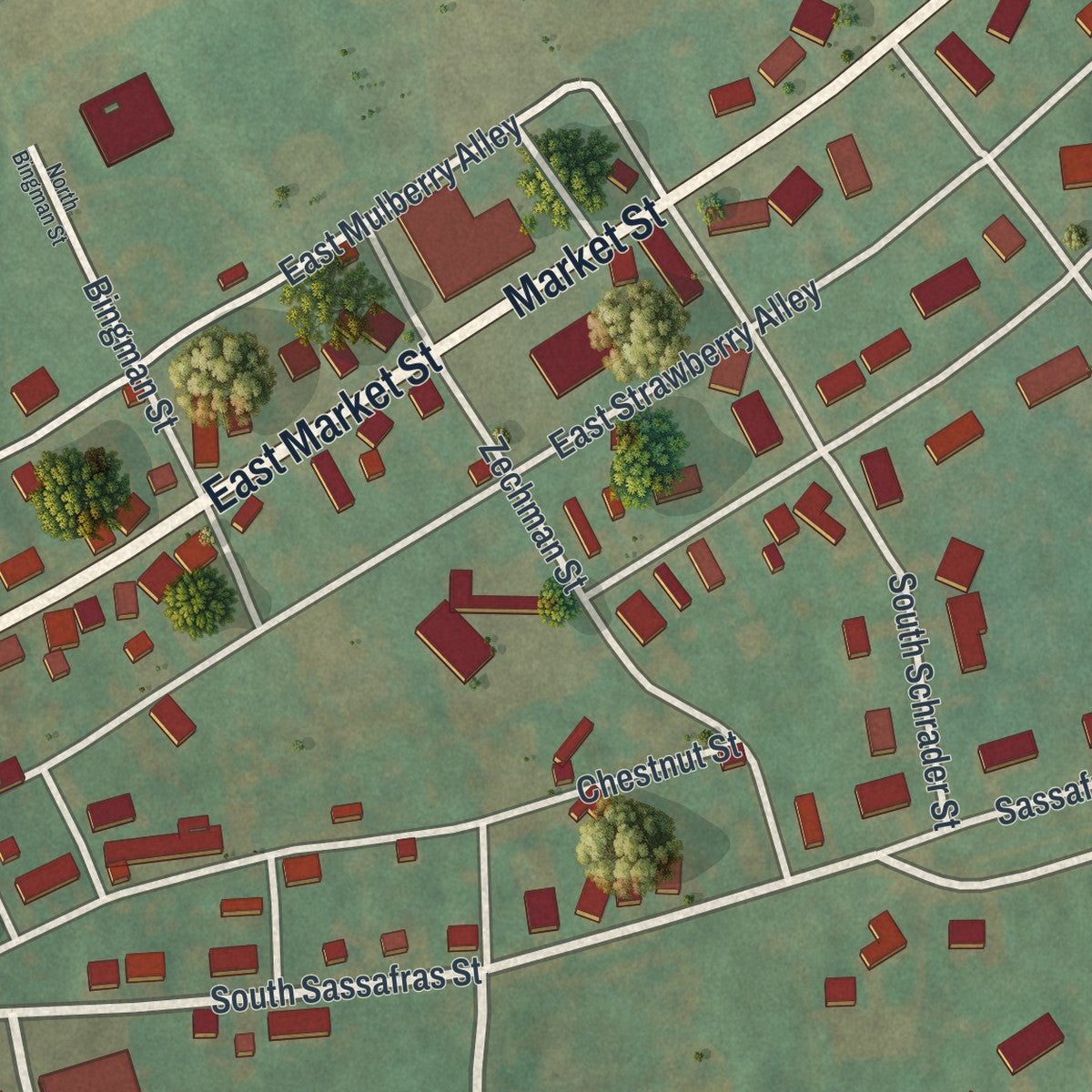 Second close-up of the map of Beavertown, Pennsylvania print showing more streets and buildings