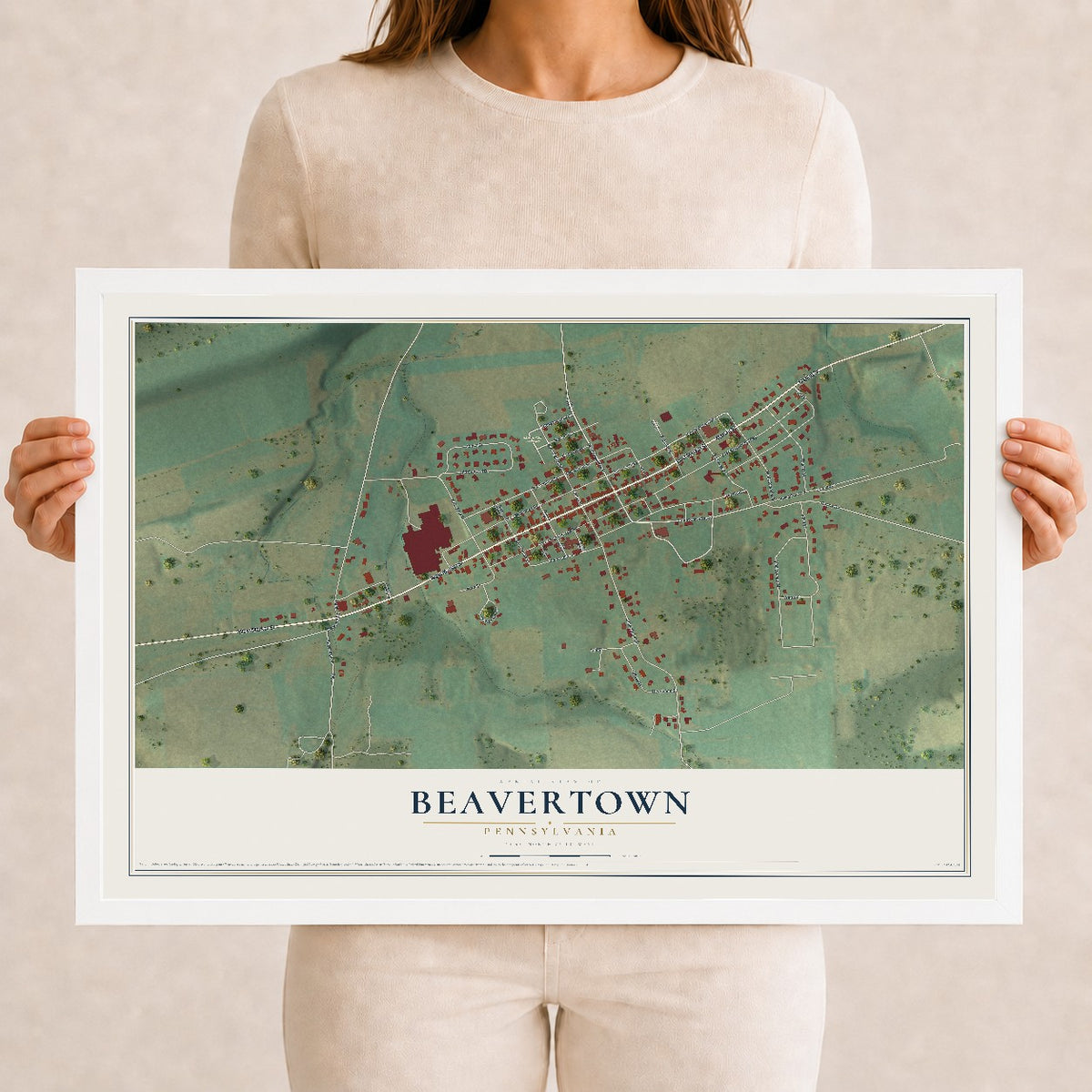 Map of Beavertown, Pennsylvania, 12 x 18 inch print in a white wood frame