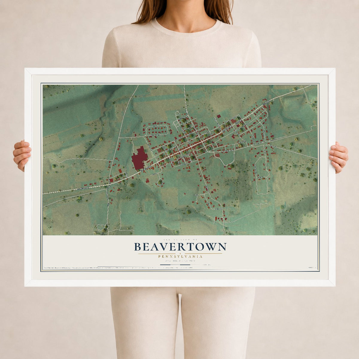 Map of Beavertown, Pennsylvania, 24 x 36 inch print in a white wood frame