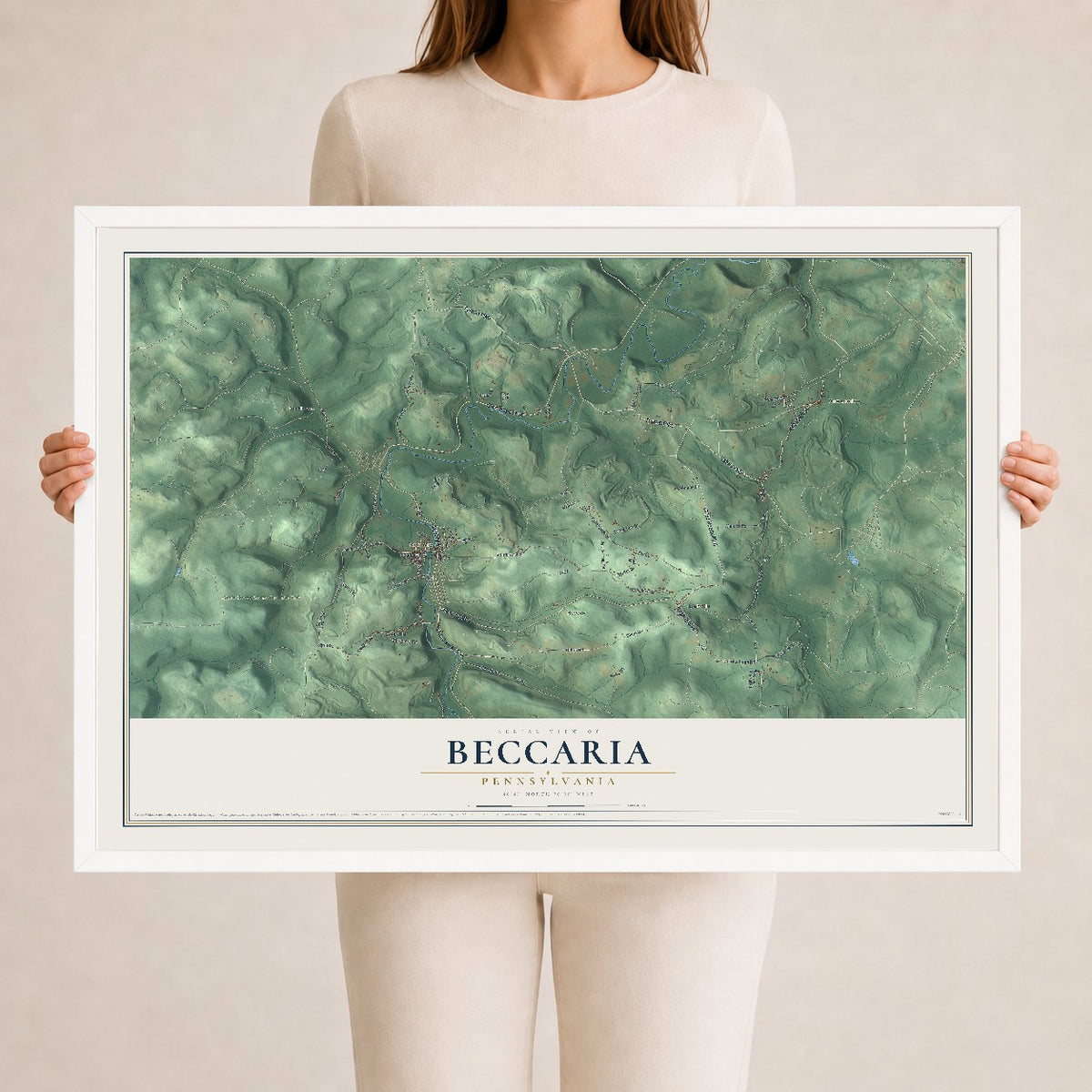 Map of Beccaria, Pennsylvania, 24 x 36 inch print in a white wood frame
