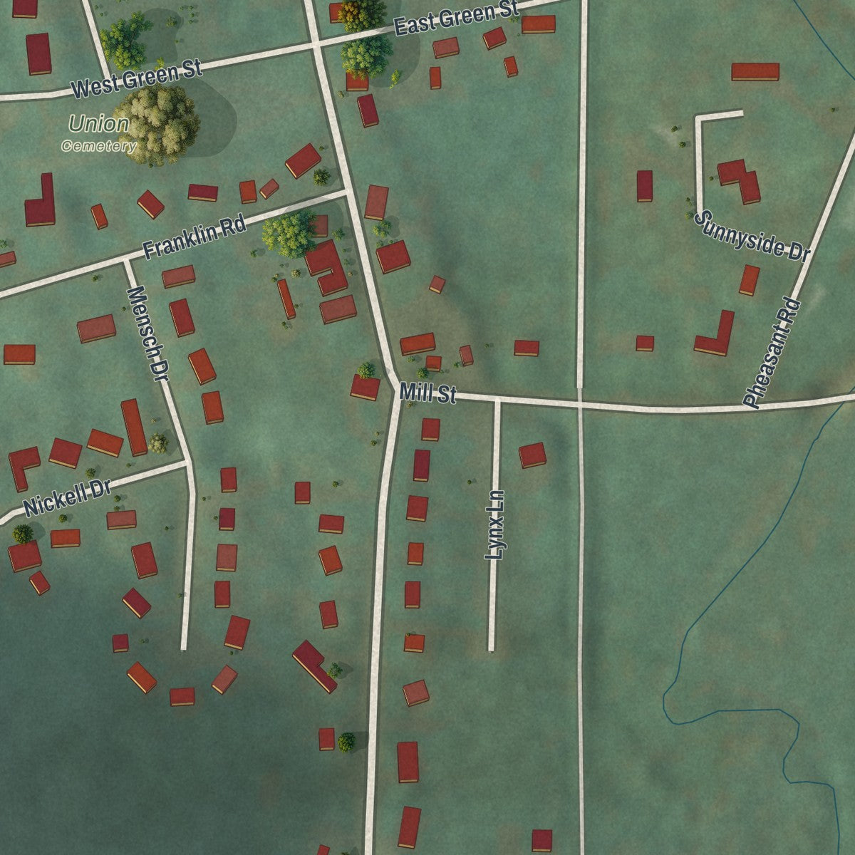 Second close-up of the map of Bechtelsville, Pennsylvania print showing more streets and buildings