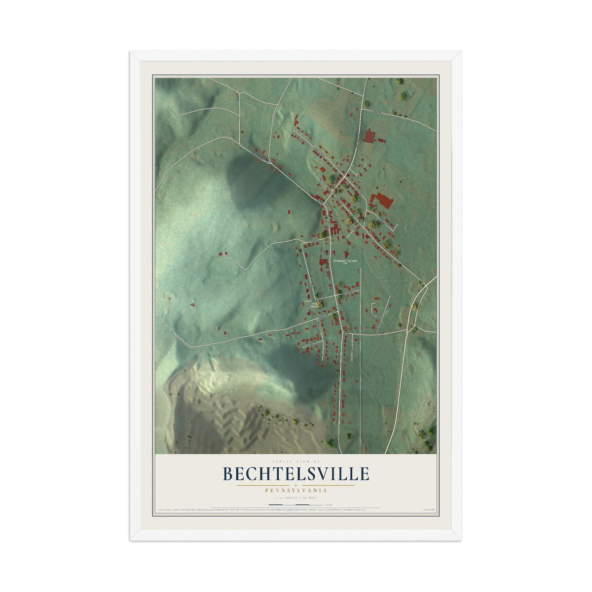 Map of Bechtelsville, Pennsylvania, 12 x 18 inch print in a white wood frame