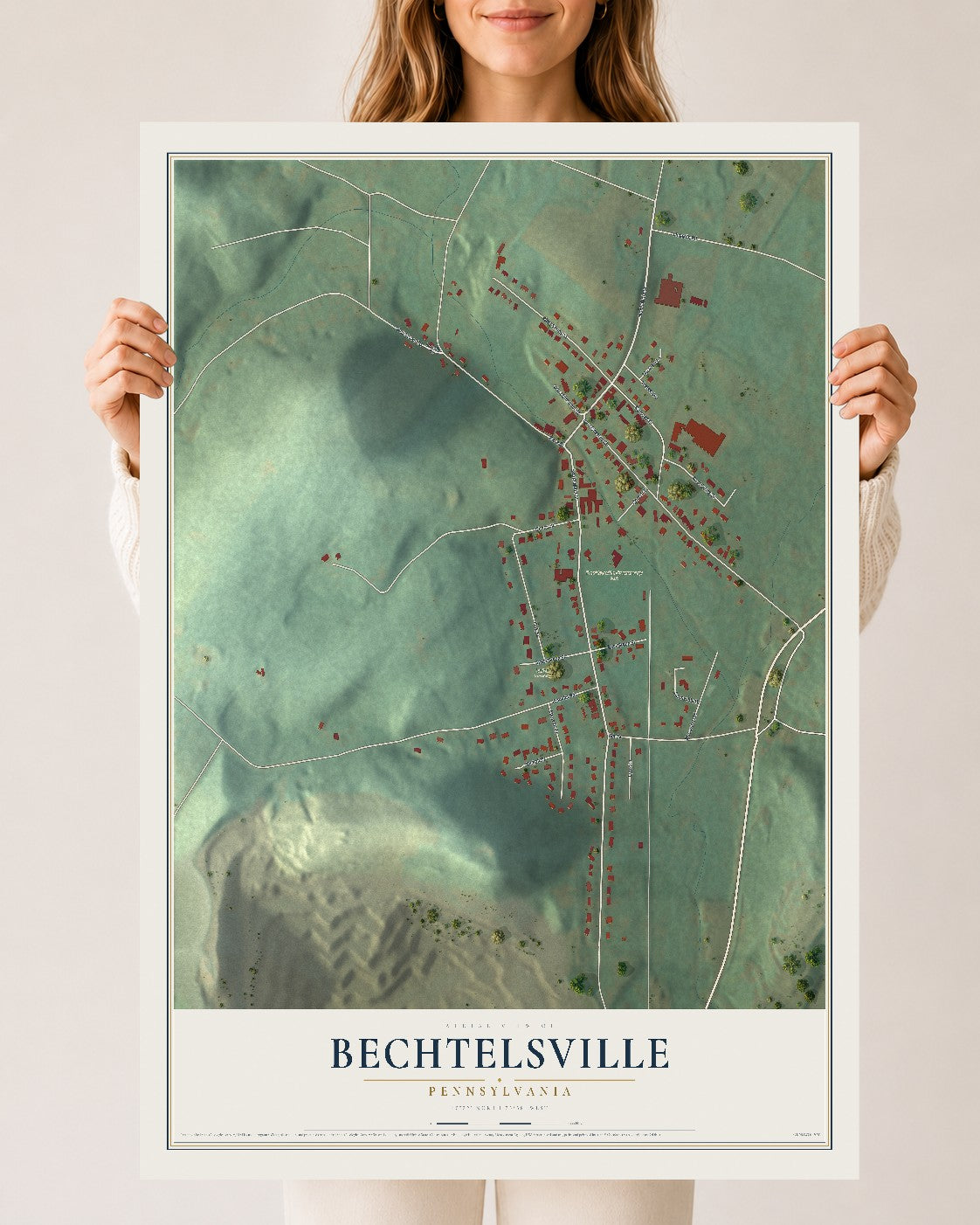 Map of Bechtelsville, Pennsylvania, 24 x 36 inch unframed archival matte print