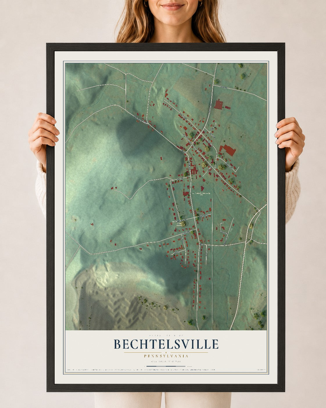 Map of Bechtelsville, Pennsylvania, 24 x 36 inch print in a black wood frame