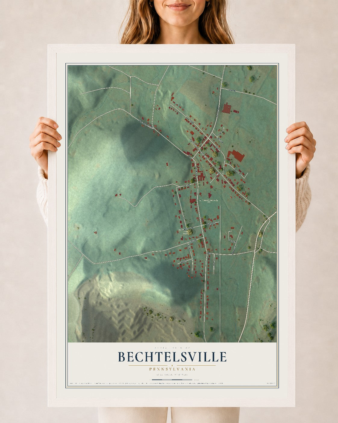 Map of Bechtelsville, Pennsylvania, 24 x 36 inch print in a white wood frame