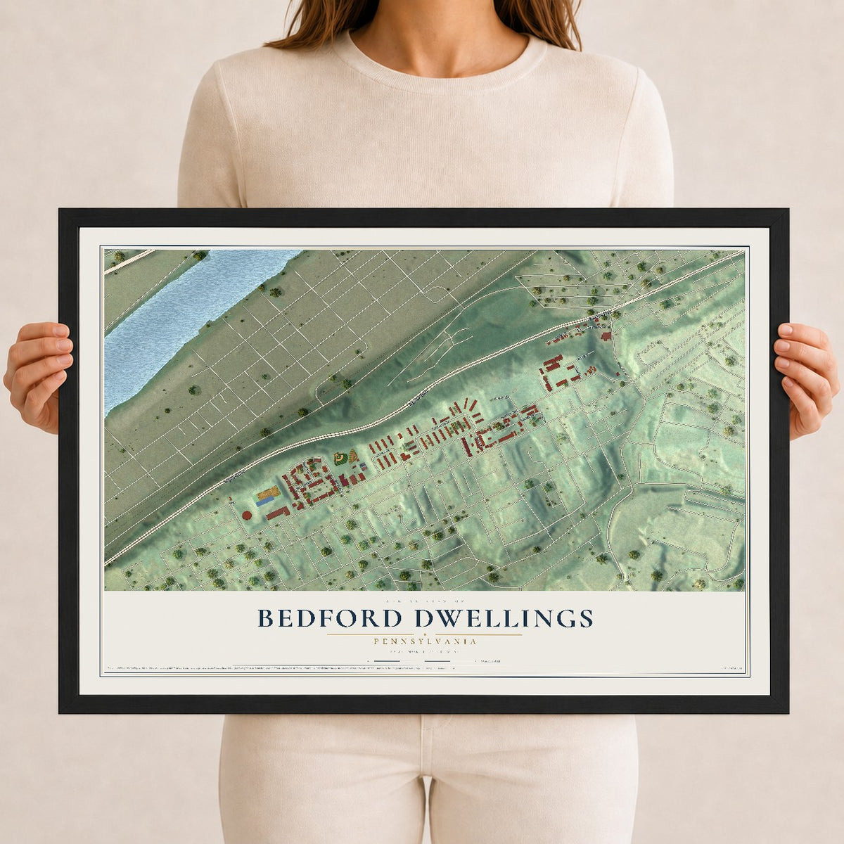 Map of Bedford Dwellings, Pennsylvania, 12 x 18 inch print in a black wood frame