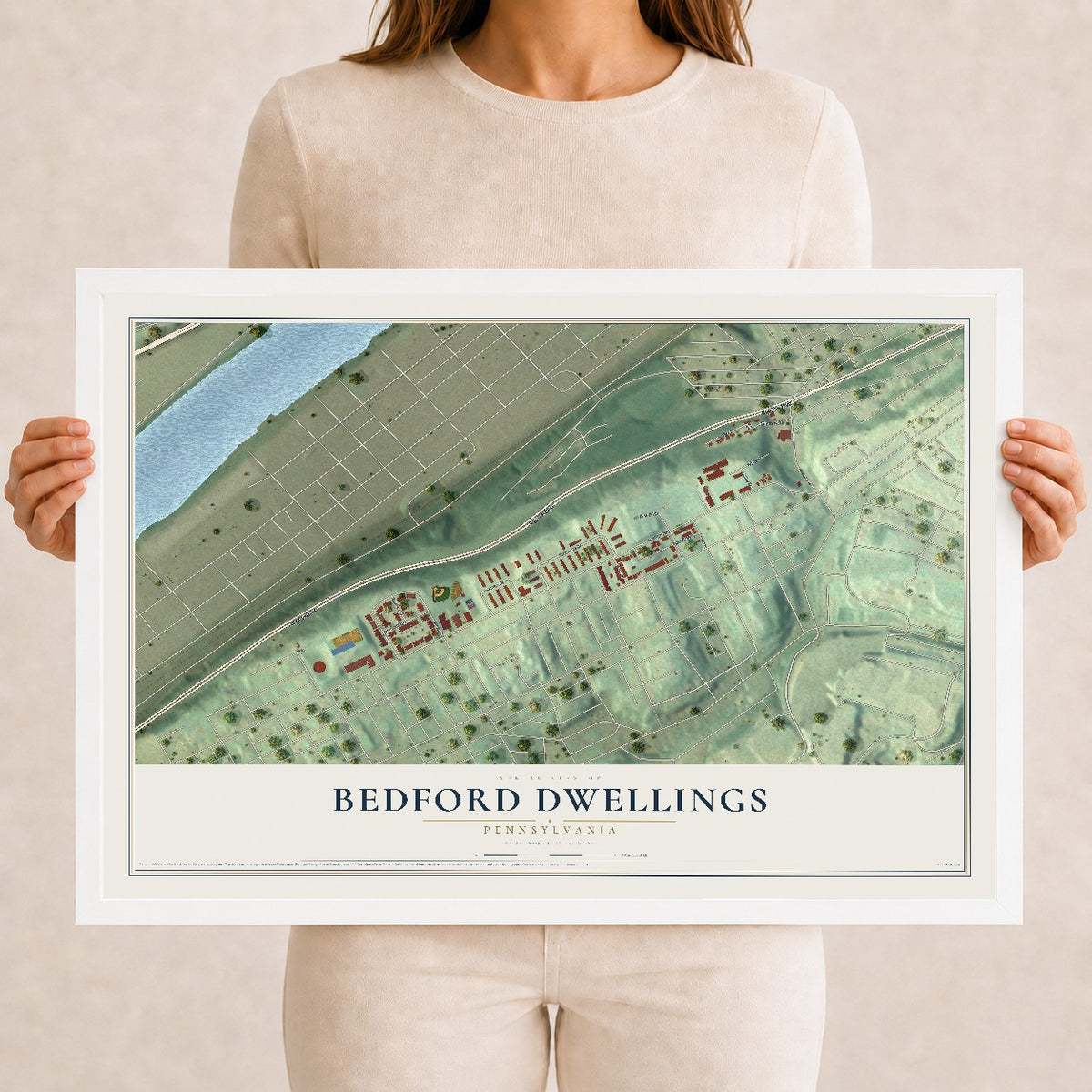 Map of Bedford Dwellings, Pennsylvania, 12 x 18 inch print in a white wood frame